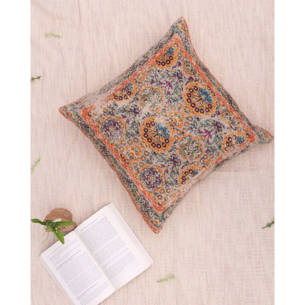 PEACOCK - SQUARE CUSHION COVER - ORANGE & GREEN